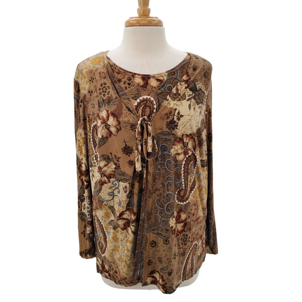 Fashion Bug Womens Paisley Print Tie Front Long Sleeve Blouse Sz 14-16 Brown - Picture 3 of 10